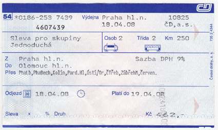 Train ticket from Prague to Olomouc